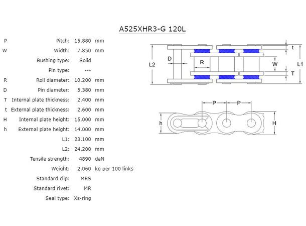 AFAM Kjede 525XHR-3- Gull, Xs-Ring, 126L Xs-Ring, Hyperforsterket, Gull 